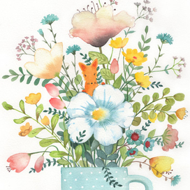 Лисенок в полевых цветах. Акварель.