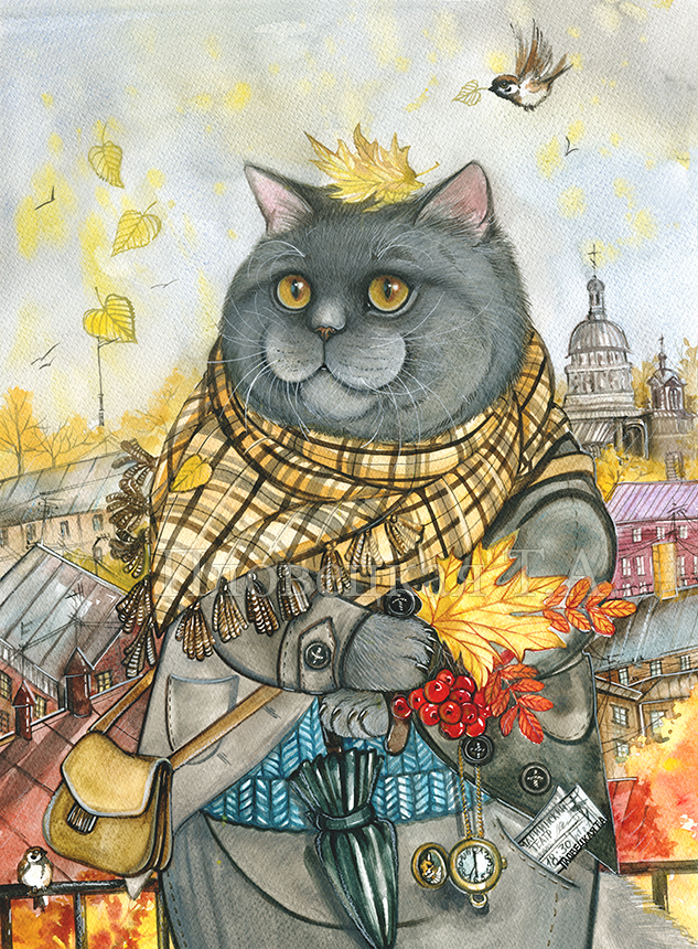 Романтичный осенний кот на крыше