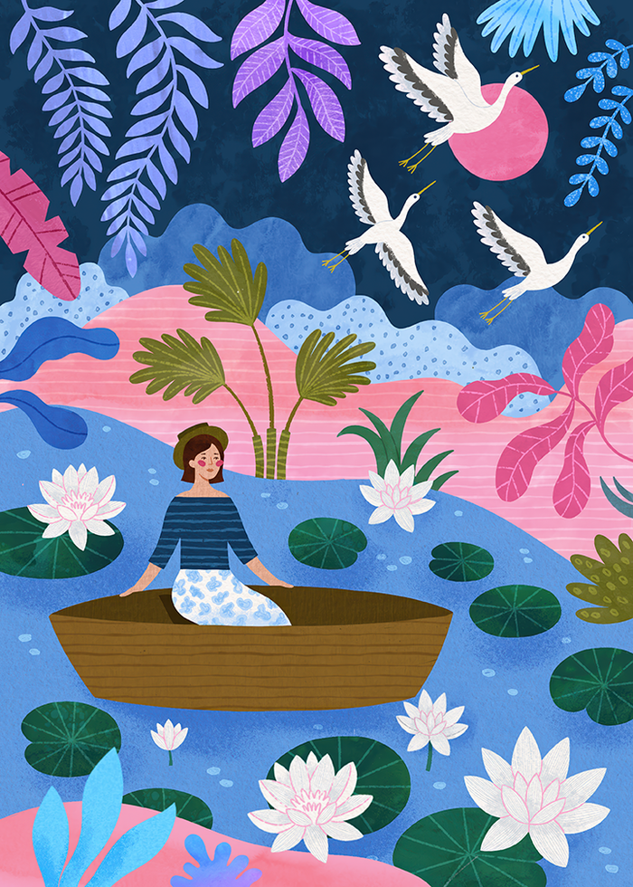 Иллюстрация девушка в лодке