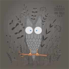 Волшебная странная сова сидит на ветке