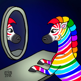 Зебра любуется на себя в зеркало после салона красоты)))