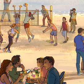 Отдых с друзьями. Иллюстрация для компании First Line Softwa