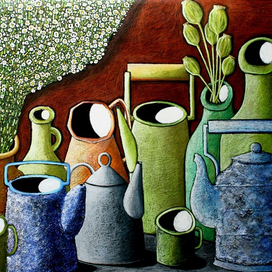 Кувшины , чайники ,ромашки.