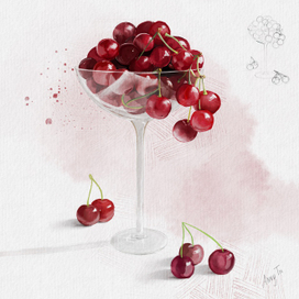 Watercolor sketch illustration of a cherry in a glass