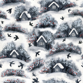 Паттерн для ткани акварельный, зимние домики. 