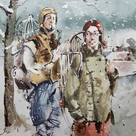 Ловцы птиц, снег идет