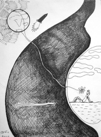 pregnent woman looks up at the sky and sees Gagarin's rocket