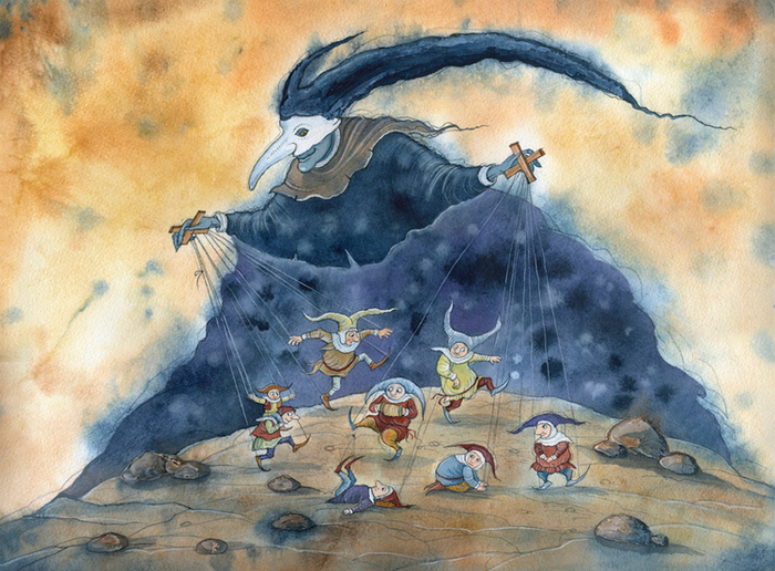 "Танцы в тени монстра" тушь,перо,акварель 2015