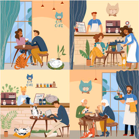 Cafe friendly animals, cat cafe, dog, cat, pet cafe, vector set