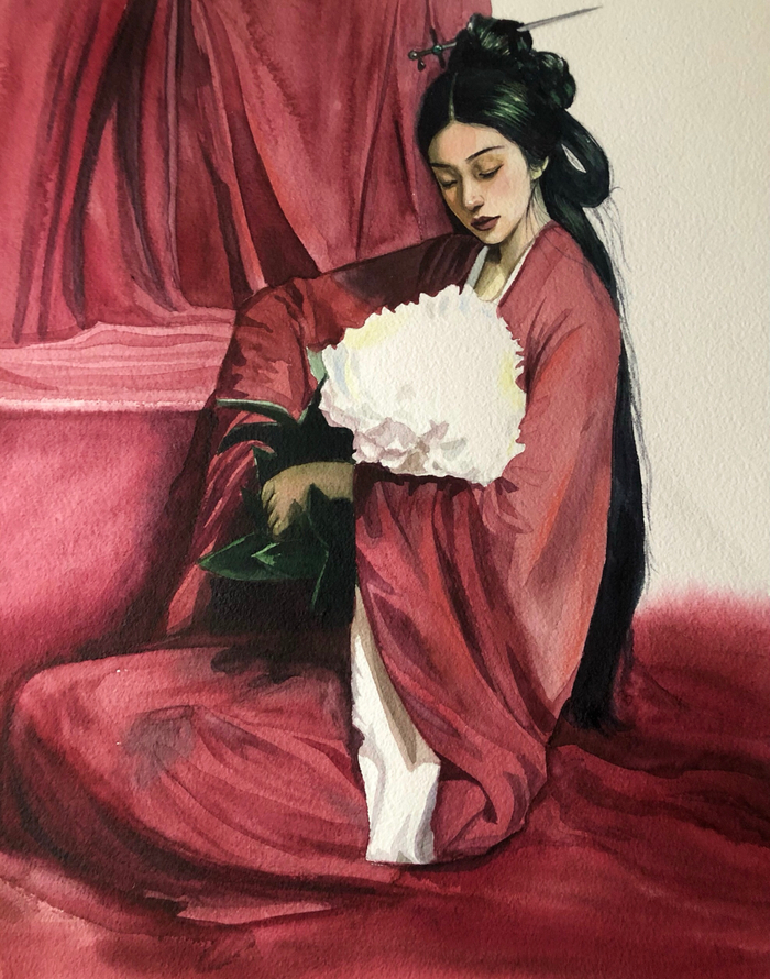 Гейша с букетом цветов 
