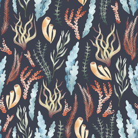 Морской яркий принт с подводными растениями и водорослями