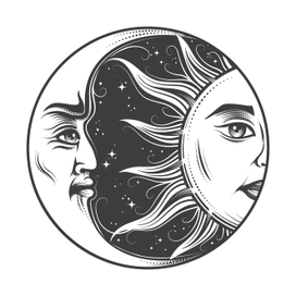 Hand Drawn Crescent Moon and Sun Engraving
