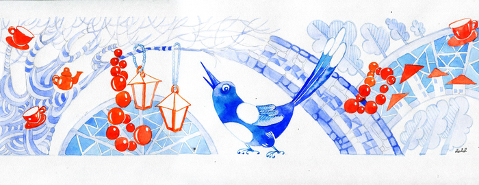 красное на синем.