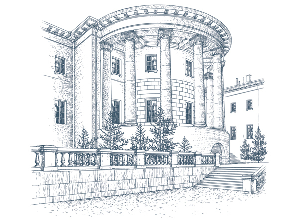 Здание в стиле гравюры. Вектор.