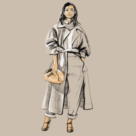 Fashion sketch девушка в тренчкоте.