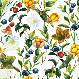 Бесшовный паттерн с лесными карельскими ягодами, акварель