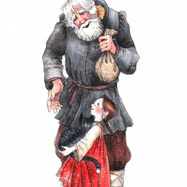 Дедушка и девочка с кошкой.