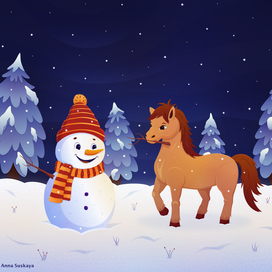 A snowman and a horse in a winter forest