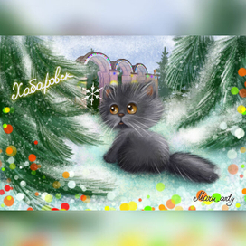 Новогодняя открытка. Хабаровск. Парк Динамо. Котёнок.