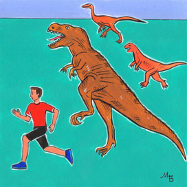 Is it possible to run away from a dinosaur? Illustration for the children's magazine "Why?" Created in 2022. Paper, ink, acrylic, gouache. Published in the magazine "Why? No. 3, 2022. Artist: Marat Bryzgalov.