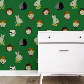 Дизайн обоев с животными и девочками в наивном декоративном стиле. Дизайн обоев, ткани, бумаги и пр. Ретро, праздник, винтаж, куклы.