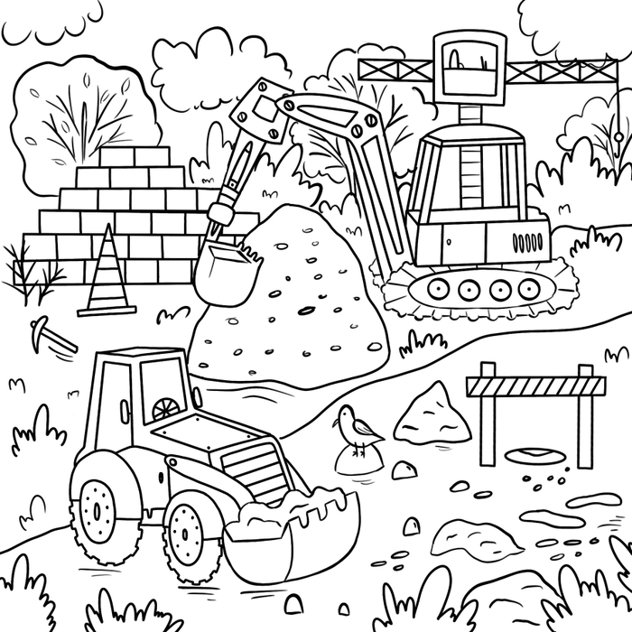 Детская раскраска с экскаватором, трактором, строительство