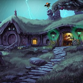 Хижина в горах (ночь)