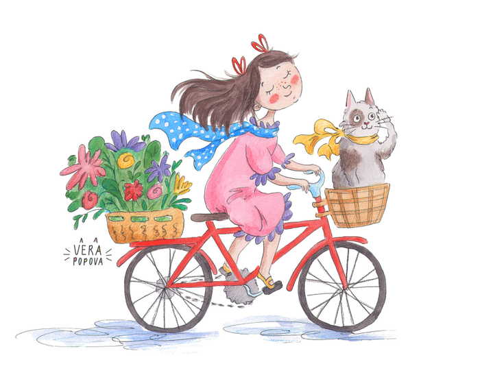 Девочка катается на велосипеде с котиком