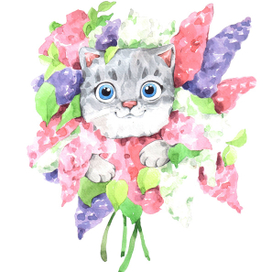 cute cat in lilac flowers