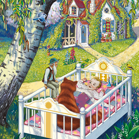 Ребенок в кроватке под берёзой.