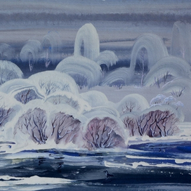 Кустарники занесённые снегом у самой воды.