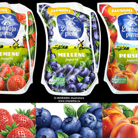 Черника, Персики, Клубника. Иллюстрации для Limbažu piens.