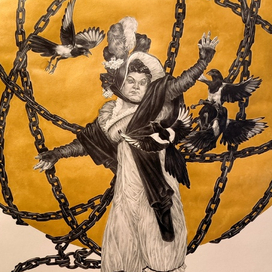 "Пениафобия" Леонтьев Максим, 2024 год; бумага, карандаш, акварель золотая.