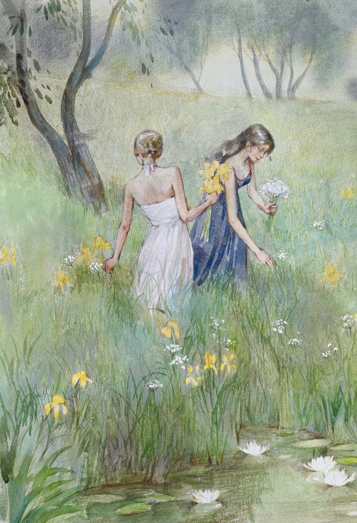 Девушки собирают цветы у пруда