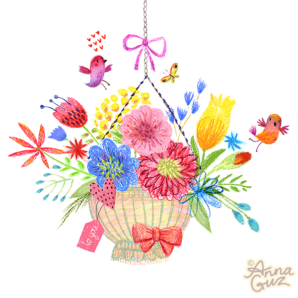 Пастельная открытка с букетом и птицами