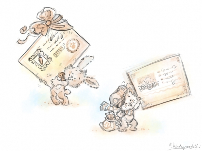 Зайчишка и котенок почтальон