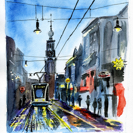 Амстердам. Трамвай. Стемнело.