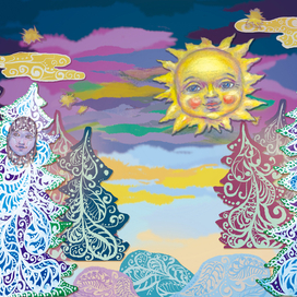 Эскиз декораций к спектаклю "Солнышко и снежные человечки". Финал.