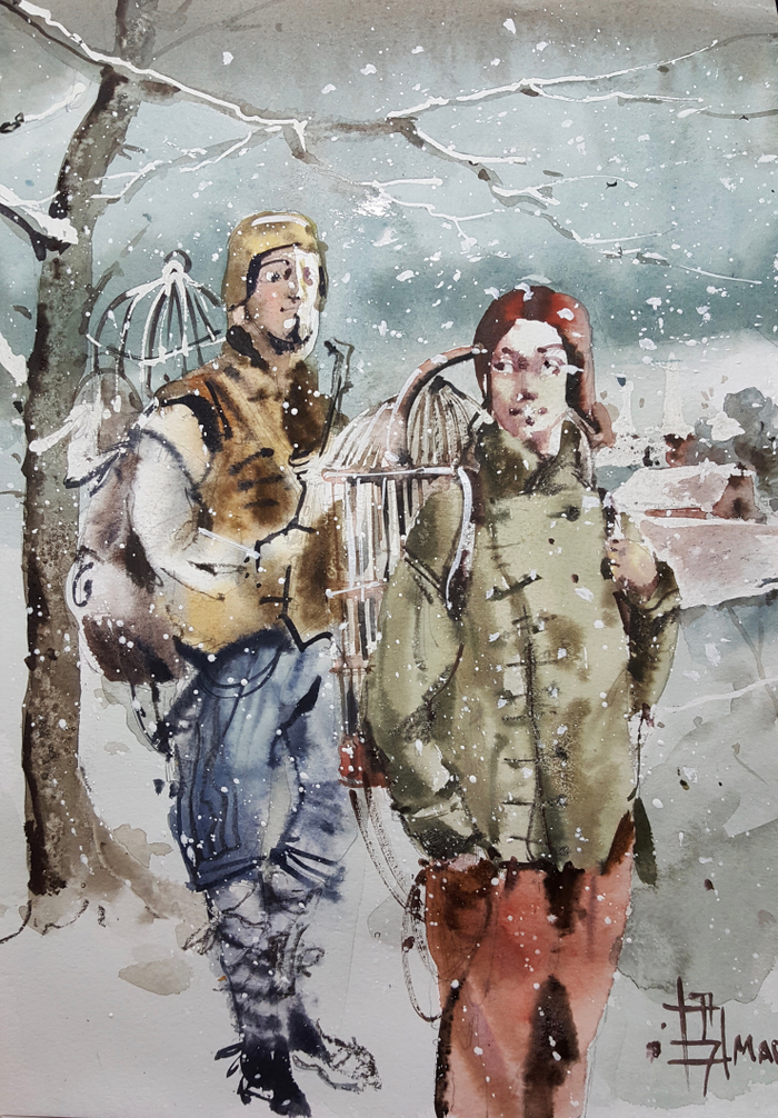 Ловцы птиц, снег идет