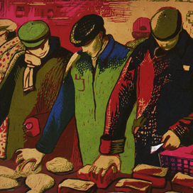 "Потребители", многоцветная линогравюра.,40x50, 2013 г.