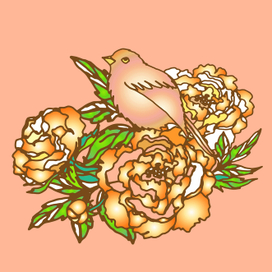 Птичка на пионах 