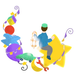 Мальчик на звезде с гирляндой из игрушек. 