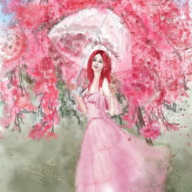 Девушка с зонтом в красных яблонях