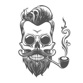 Skul with Mustache Beard Tobacco Pipe and Glasses