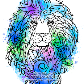 Лев эскиз тату. Эскиз татуировки. Лес. Lion sketch, sur, color, watercolor, tattoo flash, illustration.