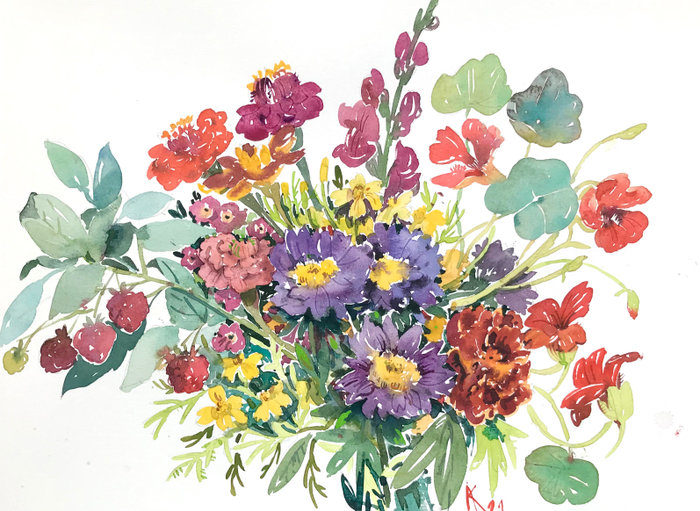 Букетик с малиной и настурцией