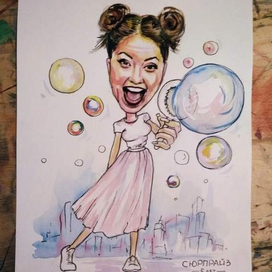 Шарж "Девушка с мыльными пузырями"