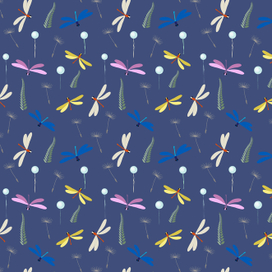 Бесшовный узор со стрекозами и одуванчиками