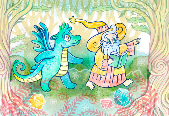 Волшебник ведет дракона через лес