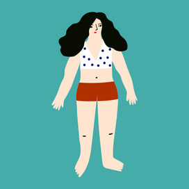 Иллюстрация с летней девушкой в купальнике на голубом фоне